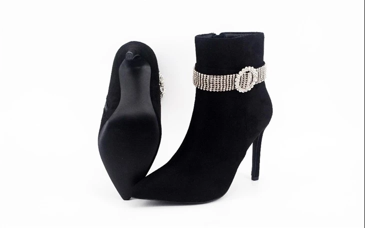 Lady Point Toe Slim Heel Ankle Boots With Shiny Rhinestones On The Rim Lady Point Toe Slim Heel Ankle Boots With Shiny Rhinestones On The Rim